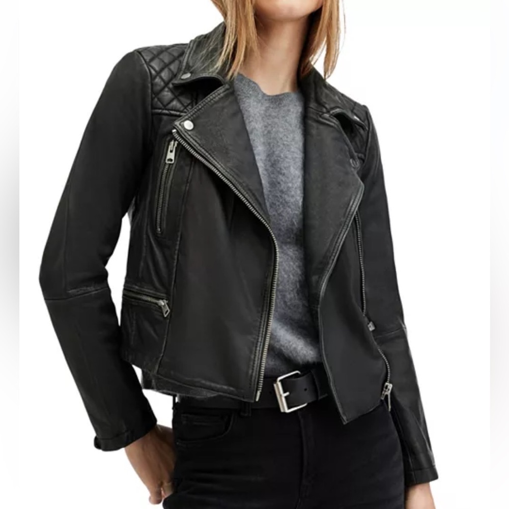 AllSaints cargo distressed leather moto jacket black 4 - Picture 1 of 13